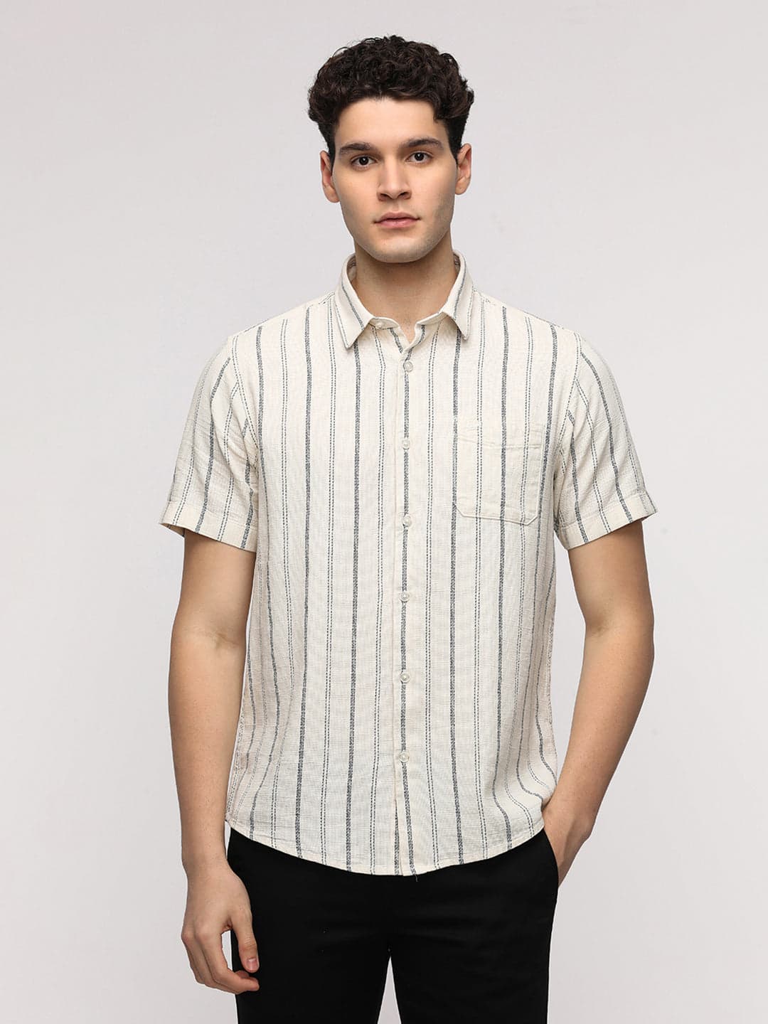 Half Sleeve White And Navy Striped Shirt for Stylish Wear