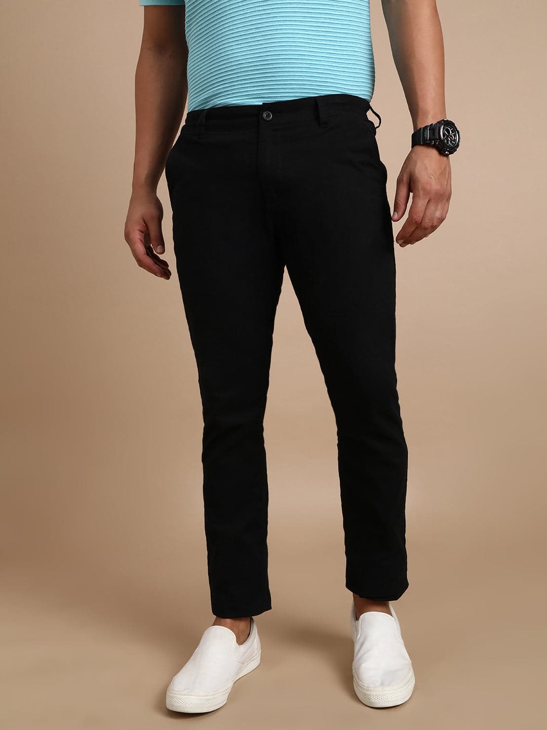 Slim Fit Black Solid Casual Trouser