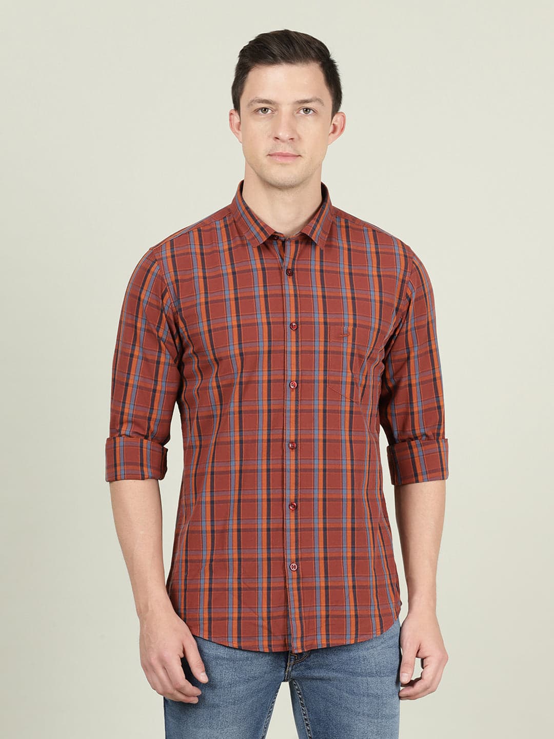 Brick Red Checked Full Sleeve 100% Cotton Casual Shirt