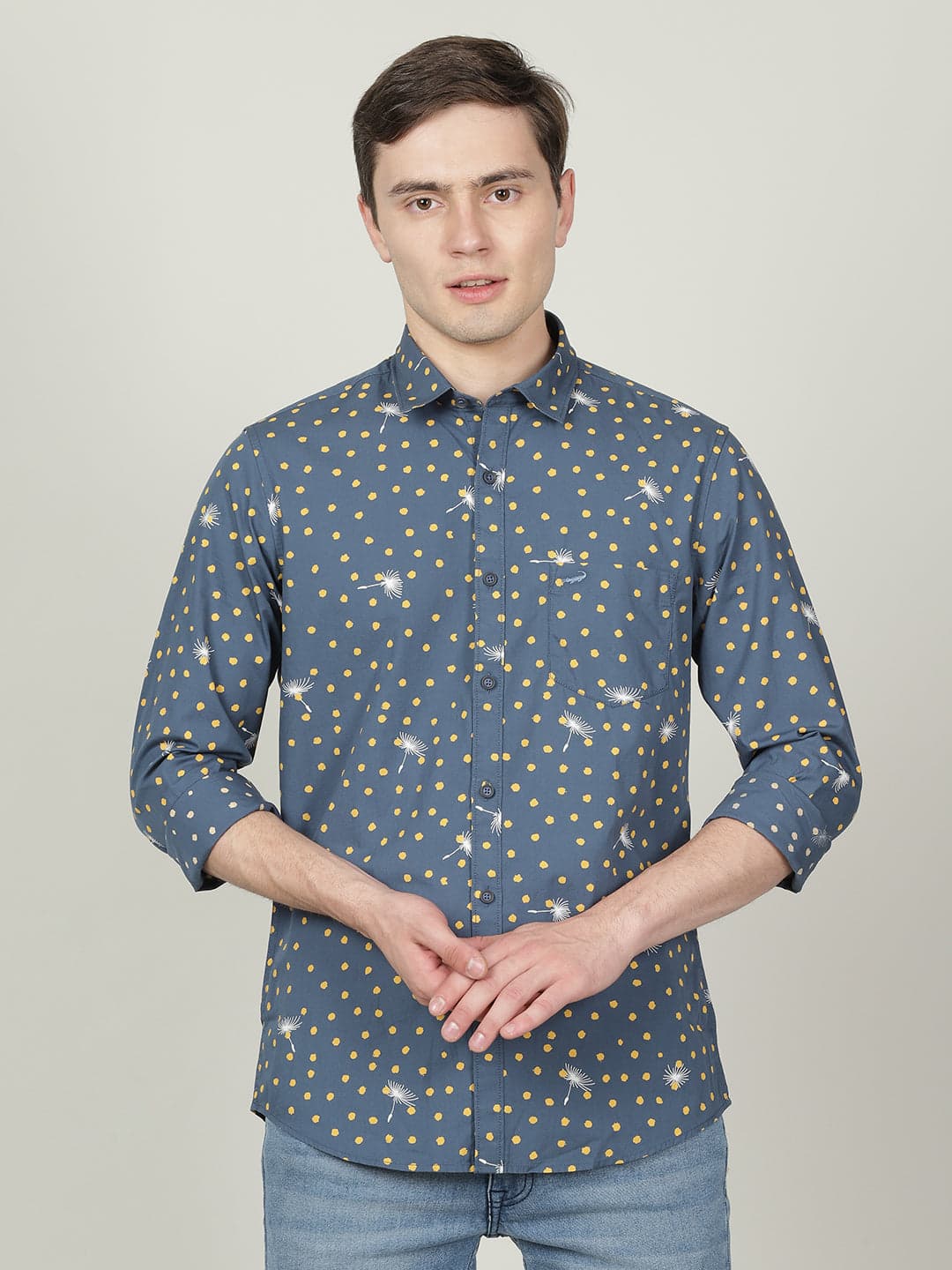 Teal Blue Printed Full Sleeve 100% Cotton Shirt